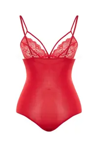 Trendyol Curve Red Piped Micro Flexible Knitting Lace Detailed Plus Size Bodysuit - Image 8