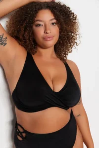 Trendyol Curve Black Deep V Shirred Plus Size Bikini Top