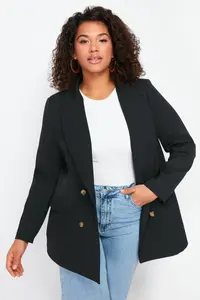 Trendyol Curve Black Oversized/Bol Kesim Lined Double breasted Kapama Weaving Blazer Jacket