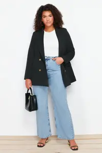 Trendyol Curve Black Oversized/Bol Kesim Lined Double breasted Kapama Weaving Blazer Jacket - Image 2