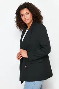 Trendyol Curve Black Oversized/Bol Kesim Lined Double breasted Kapama Weaving Blazer Jacket - Image 3