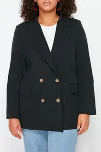 Trendyol Curve Black Oversized/Bol Kesim Lined Double breasted Kapama Weaving Blazer Jacket - Image 4