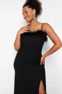 Trendyol Curve Black Sleeveless/Strapless Weaving Plus Size Party/Graduation/Evening Gown Dress - Image 3