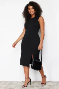 Trendyol Curve Black Slit Detailed Midi Knitting Plus Size Dress