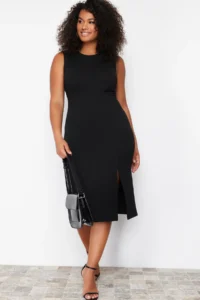 Trendyol Curve Black Slit Detailed Midi Knitting Plus Size Dress - Image 2