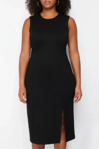 Trendyol Curve Black Slit Detailed Midi Knitting Plus Size Dress - Image 4