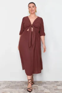 Trendyol Curve Brown A-line Summer Midi Weaving Plus Size Dress