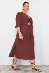 Trendyol Curve Brown A-line Summer Midi Weaving Plus Size Dress - Image 2
