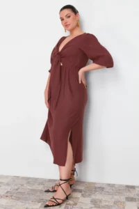 Trendyol Curve Brown A-line Summer Midi Weaving Plus Size Dress - Image 3