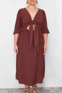 Trendyol Curve Brown A-line Summer Midi Weaving Plus Size Dress - Image 5