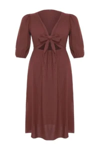 Trendyol Curve Brown A-line Summer Midi Weaving Plus Size Dress - Image 7