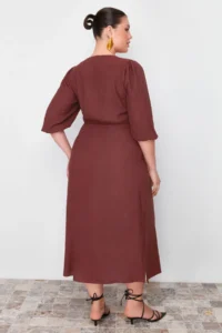 Trendyol Curve Brown A-line Summer Midi Weaving Plus Size Dress - Image 8
