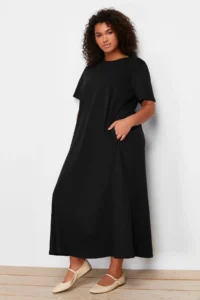 Trendyol Curve Black Midi 100% Cotton Knitting T-Shirt Dress - Image 2