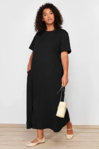 Trendyol Curve Black Midi 100% Cotton Knitting T-Shirt Dress - Image 3