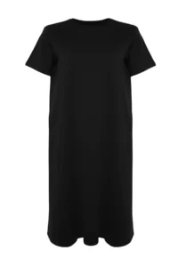 Trendyol Curve Black Midi 100% Cotton Knitting T-Shirt Dress - Image 4