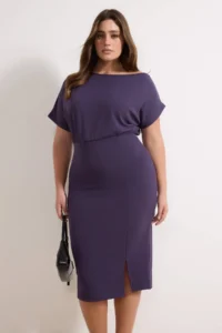 Trendyol Curve Purple Asymmetric Yaka slit Crepe Knitting Plus Size Dress - Image 2
