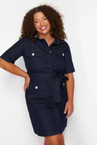 Trendyol Curve Dark Blue Belt Detailed Mini Size 100% Cotton Non-Stretch Denim Shirt Dress