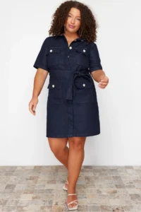 Trendyol Curve Dark Blue Belt Detailed Mini Size 100% Cotton Non-Stretch Denim Shirt Dress - Image 2
