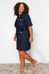 Trendyol Curve Dark Blue Belt Detailed Mini Size 100% Cotton Non-Stretch Denim Shirt Dress - Image 3