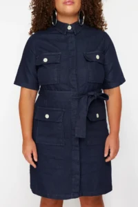 Trendyol Curve Dark Blue Belt Detailed Mini Size 100% Cotton Non-Stretch Denim Shirt Dress - Image 4