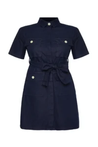 Trendyol Curve Dark Blue Belt Detailed Mini Size 100% Cotton Non-Stretch Denim Shirt Dress - Image 7