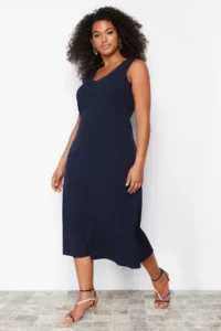 Trendyol Curve Navy Blue Ribbed A-line Midi Knitting Dress - Image 2
