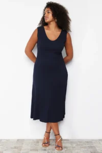 Trendyol Curve Navy Blue Ribbed A-line Midi Knitting Dress - Image 3