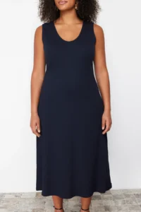 Trendyol Curve Navy Blue Ribbed A-line Midi Knitting Dress - Image 4