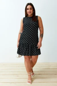 Trendyol Curve Black Polka Dot Printed Zero Sleeve with flywheel shift/Plain Mini Flexible Knitting Plus Size Dress - Image 2