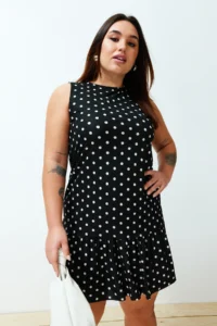 Trendyol Curve Black Polka Dot Printed Zero Sleeve with flywheel shift/Plain Mini Flexible Knitting Plus Size Dress - Image 3