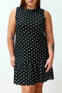 Trendyol Curve Black Polka Dot Printed Zero Sleeve with flywheel shift/Plain Mini Flexible Knitting Plus Size Dress - Image 4