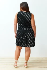 Trendyol Curve Black Polka Dot Printed Zero Sleeve with flywheel shift/Plain Mini Flexible Knitting Plus Size Dress - Image 6