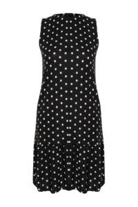 Trendyol Curve Black Polka Dot Printed Zero Sleeve with flywheel shift/Plain Mini Flexible Knitting Plus Size Dress - Image 7