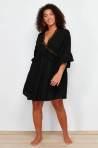 Trendyol Curve Black Sleeve Frilly Lace Stripe Detailed Mini Plus Size Beach Dress
