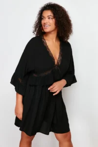 Trendyol Curve Black Sleeve Frilly Lace Stripe Detailed Mini Plus Size Beach Dress - Image 2