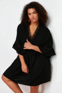 Trendyol Curve Black Sleeve Frilly Lace Stripe Detailed Mini Plus Size Beach Dress - Image 3