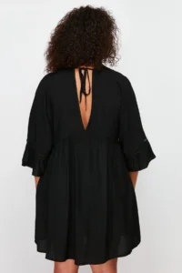 Trendyol Curve Black Sleeve Frilly Lace Stripe Detailed Mini Plus Size Beach Dress - Image 6