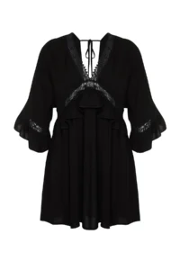 Trendyol Curve Black Sleeve Frilly Lace Stripe Detailed Mini Plus Size Beach Dress - Image 7