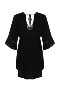 Trendyol Curve Black Sleeve Frilly Lace Stripe Detailed Mini Plus Size Beach Dress - Image 8