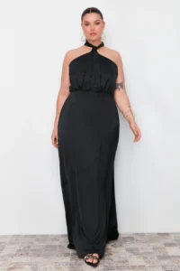 Trendyol Curve Black Barbell Collar Satin Maxi/LONG Size Plus Size Party/Mezuniyet/Evening Gown Dress