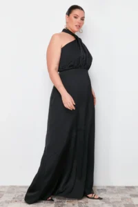 Trendyol Curve Black Barbell Collar Satin Maxi/LONG Size Plus Size Party/Mezuniyet/Evening Gown Dress - Image 2