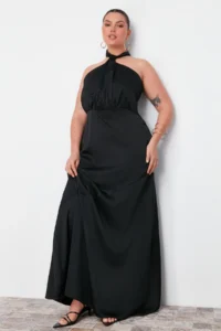 Trendyol Curve Black Barbell Collar Satin Maxi/LONG Size Plus Size Party/Mezuniyet/Evening Gown Dress - Image 3