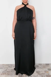 Trendyol Curve Black Barbell Collar Satin Maxi/LONG Size Plus Size Party/Mezuniyet/Evening Gown Dress - Image 4