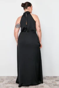 Trendyol Curve Black Barbell Collar Satin Maxi/LONG Size Plus Size Party/Mezuniyet/Evening Gown Dress - Image 6