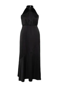 Trendyol Curve Black Barbell Collar Satin Maxi/LONG Size Plus Size Party/Mezuniyet/Evening Gown Dress - Image 7