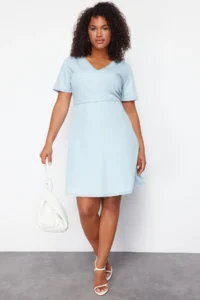 Trendyol Curve Light Blue V-neck Tencel Mini denim Dress
