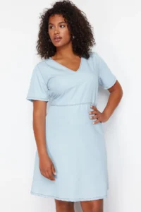 Trendyol Curve Light Blue V-neck Tencel Mini denim Dress - Image 2