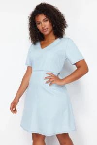 Trendyol Curve Light Blue V-neck Tencel Mini denim Dress - Image 3