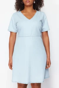 Trendyol Curve Light Blue V-neck Tencel Mini denim Dress - Image 5