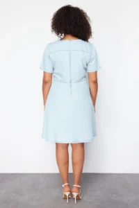 Trendyol Curve Light Blue V-neck Tencel Mini denim Dress - Image 6